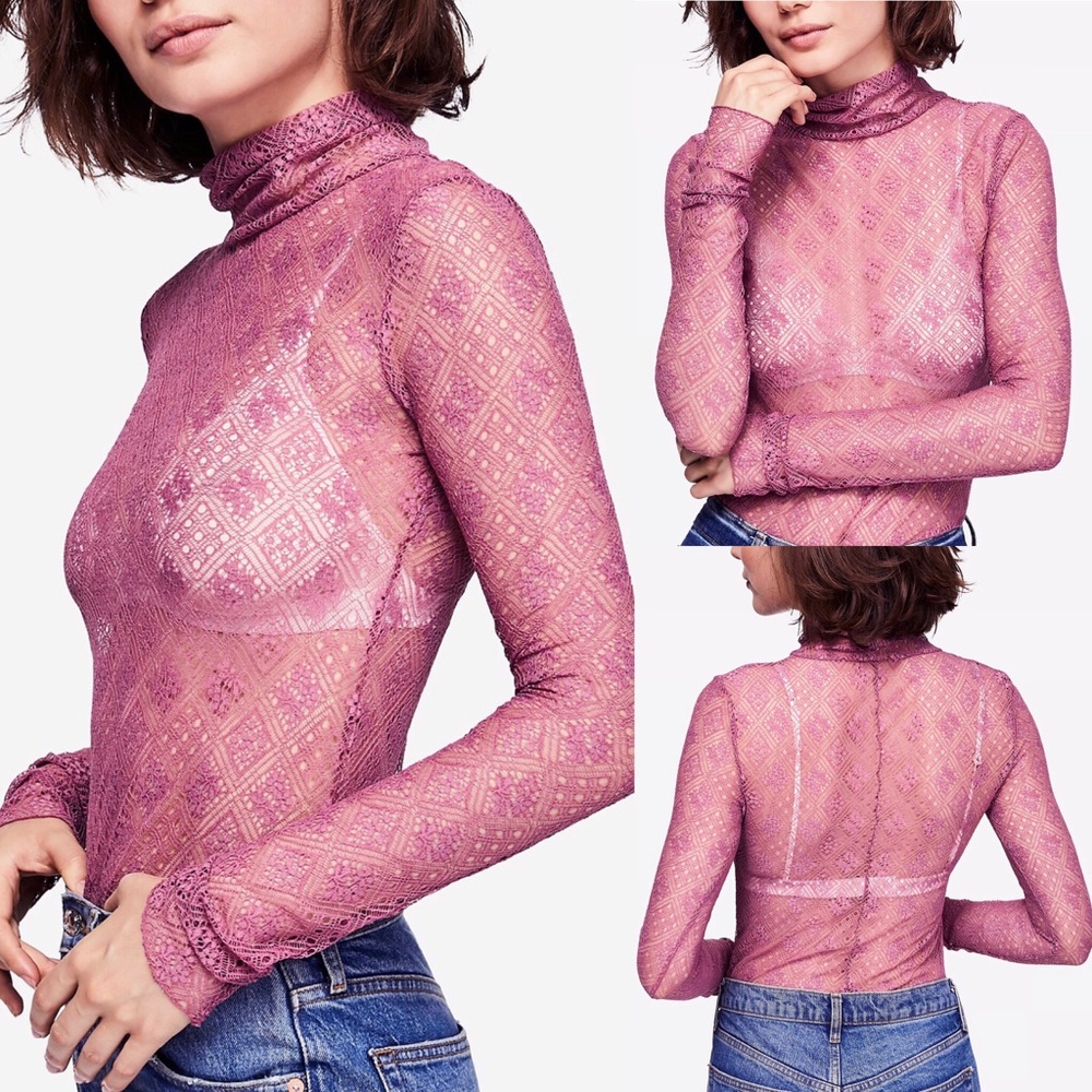 1 Left!! Free People Sheer Lace Turtleneck Top - Picture 4 of 8